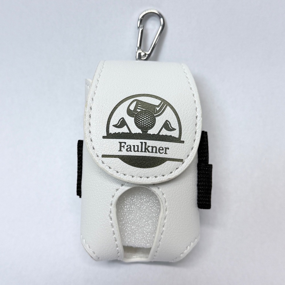 White Faux Leather Golf Ball Pouch Holder with Belt Clip Carabiner Tee Slots